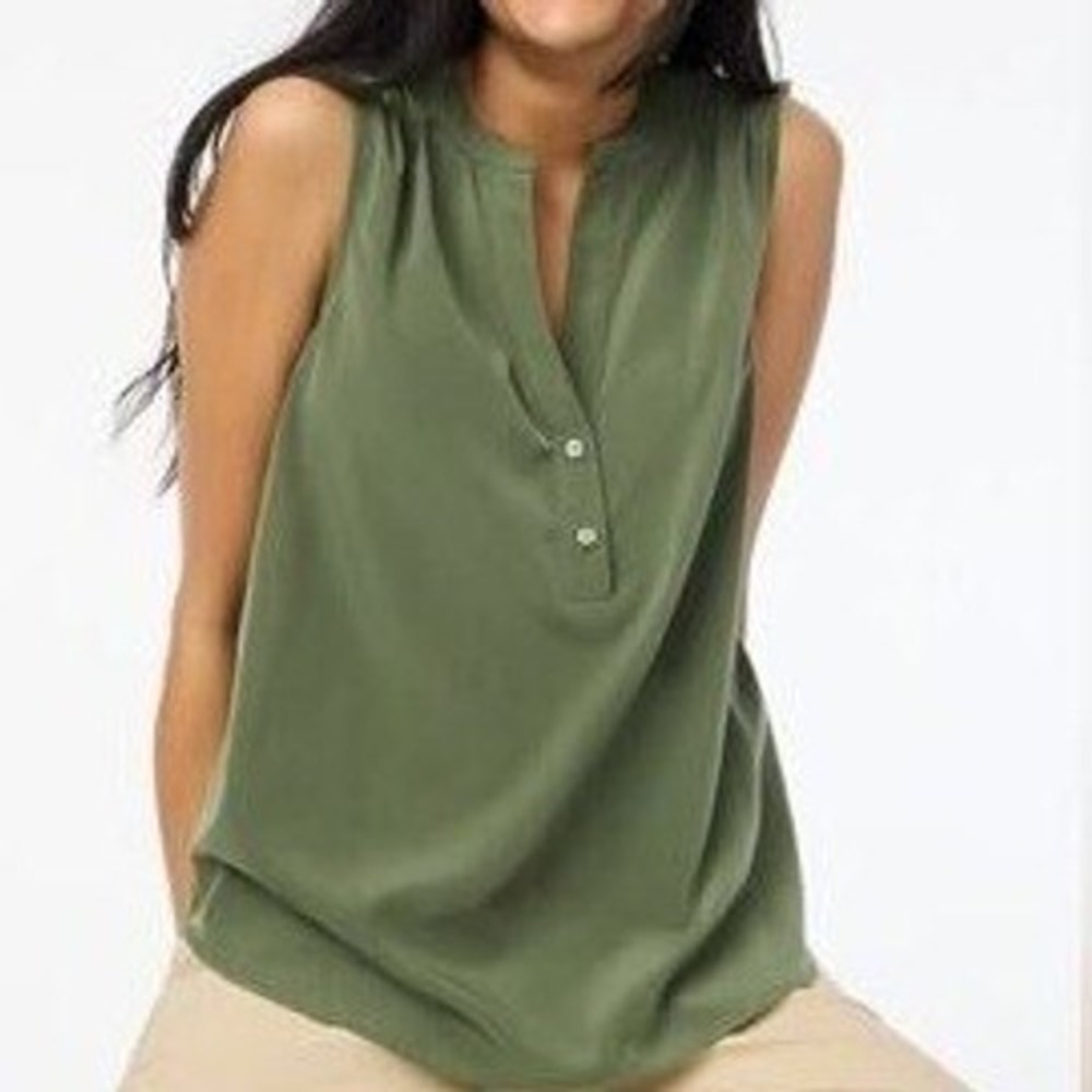 J. Crew Sleeveless V-neck Popover Top Olive Green Size Large